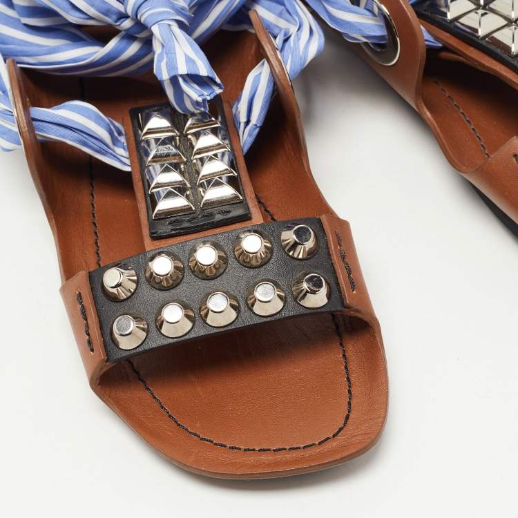 Pre Owned Prada Brown/Blue Leather Studded Ribbon Flat Sandals Size 36