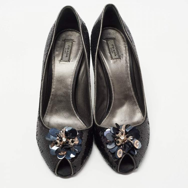 Pre Owned Prada Black Leather and Sequin Flower Embellished Peep Toe Pumps Size 40