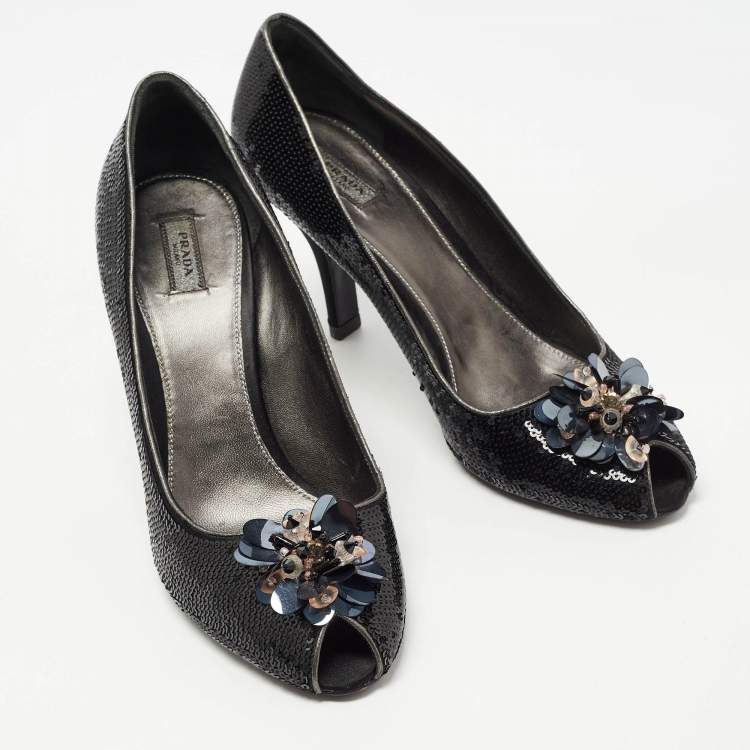 Pre Owned Prada Black Leather and Sequin Flower Embellished Peep Toe Pumps Size 40