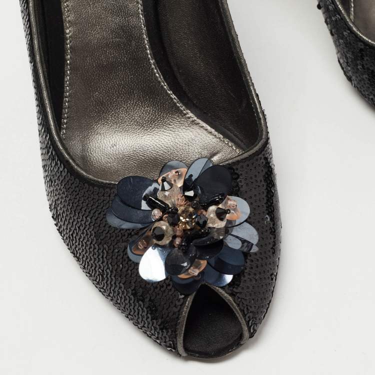 Pre Owned Prada Black Leather and Sequin Flower Embellished Peep Toe Pumps Size 40