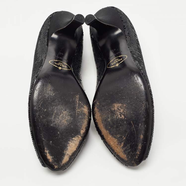 Pre Owned Prada Black Leather and Sequin Flower Embellished Peep Toe Pumps Size 40