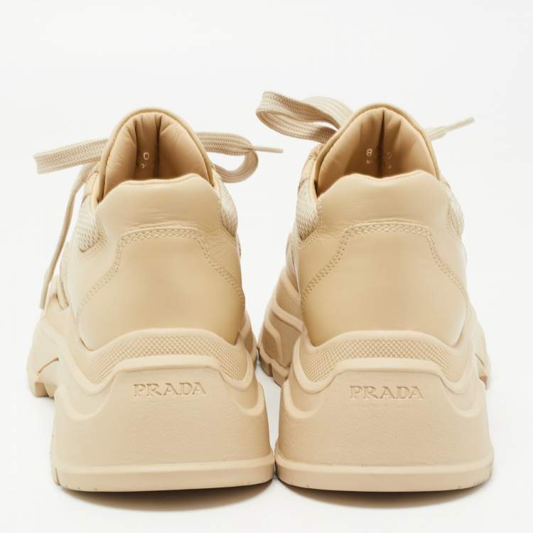 Pre Owned Prada Beige Leather and Mesh Lace Up Sneakers Size 39