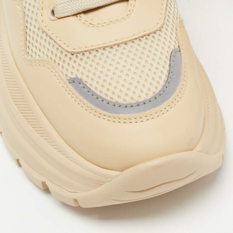 Pre Owned Prada Beige Leather and Mesh Lace Up Sneakers Size 39