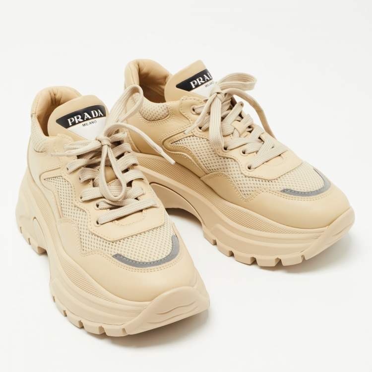 Pre Owned Prada Beige Leather and Mesh Lace Up Sneakers Size 39