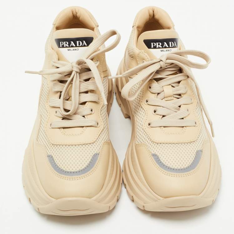 Pre Owned Prada Beige Leather and Mesh Lace Up Sneakers Size 39