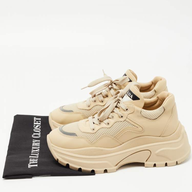 Pre Owned Prada Beige Leather and Mesh Lace Up Sneakers Size 39