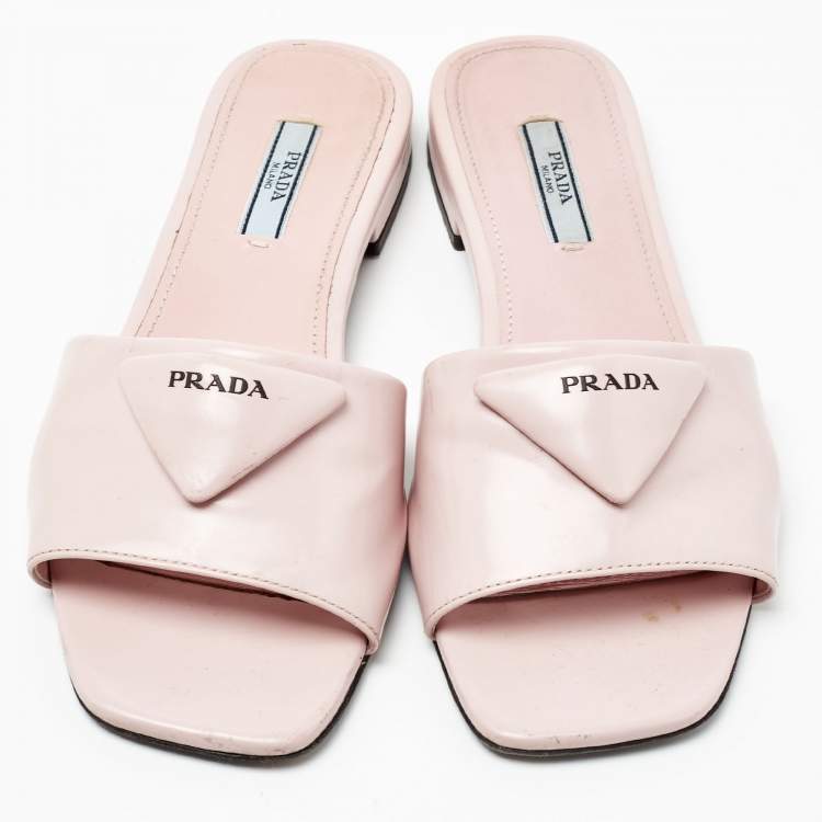 Pre Owned Prada Light Pink Leather Logo Flat Slides Size 37
