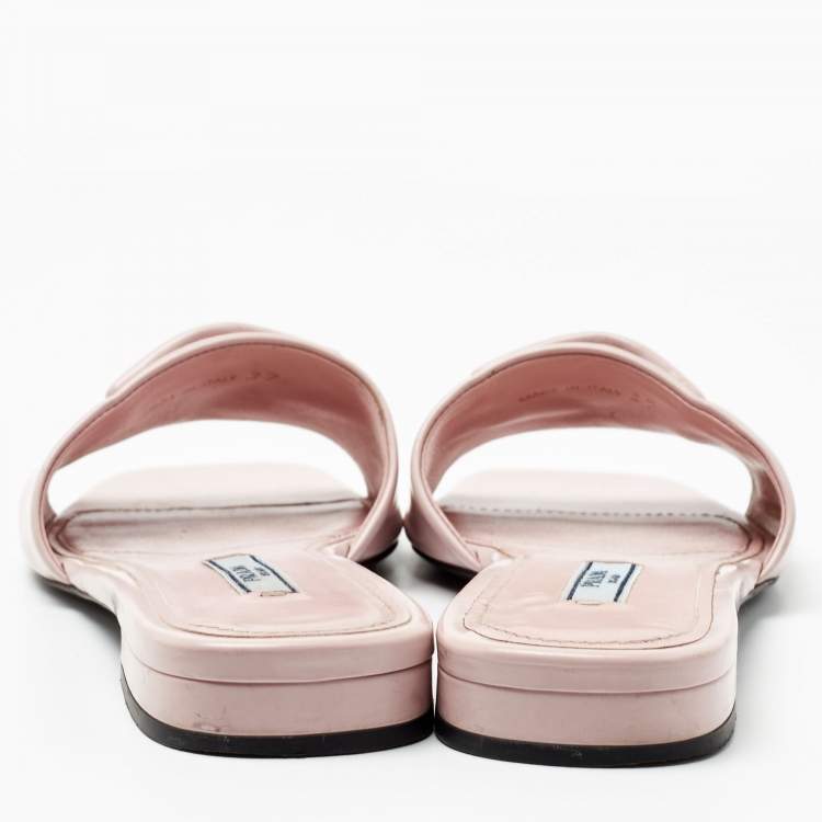 Pre Owned Prada Light Pink Leather Logo Flat Slides Size 37