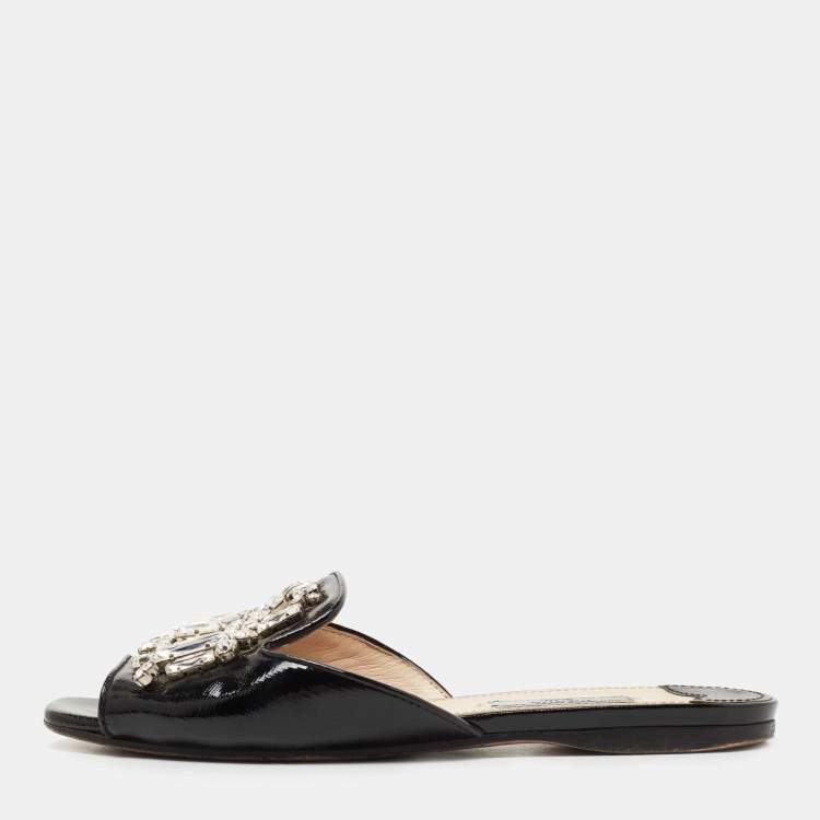 Pre Owned Prada Black Patent Leather Crystal Embellished Flat Slides Size 35.5     