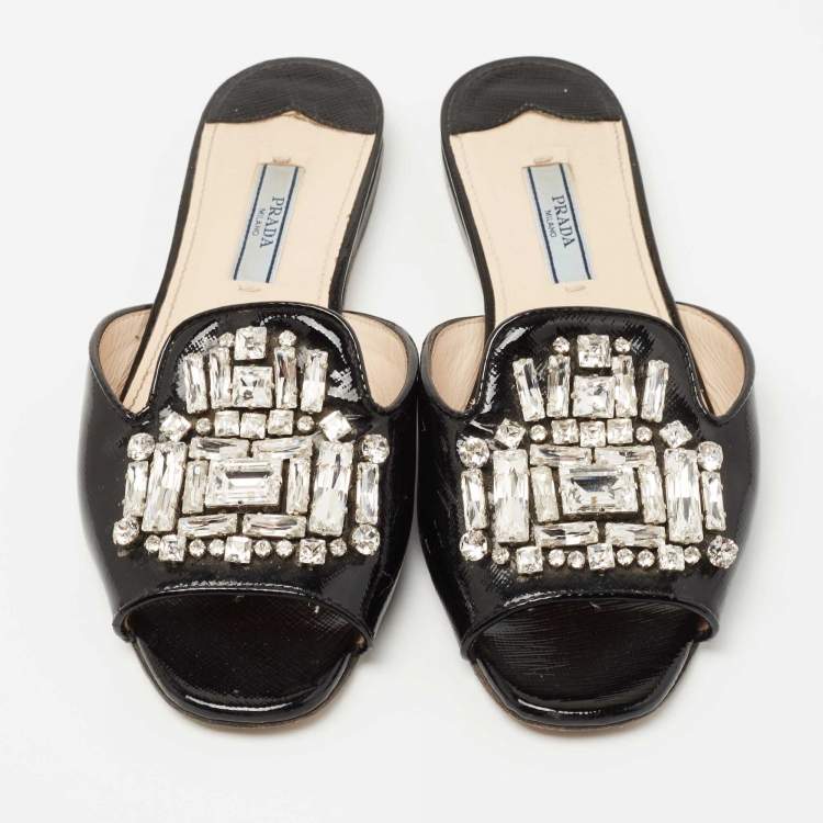 Pre Owned Prada Black Patent Leather Crystal Embellished Flat Slides Size 35.5     