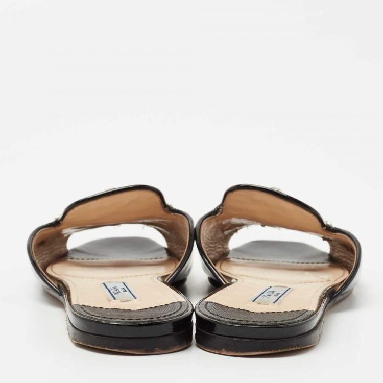 Pre Owned Prada Black Patent Leather Crystal Embellished Flat Slides Size 35.5     
