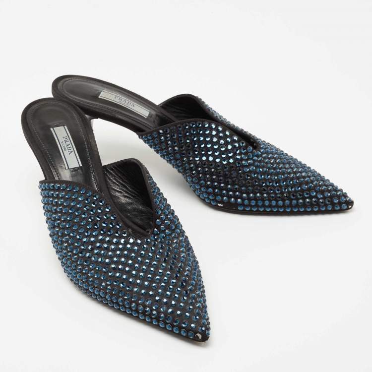 Pre Owned Prada Black Suede Rockstud Pointed Toe Mules Size 39