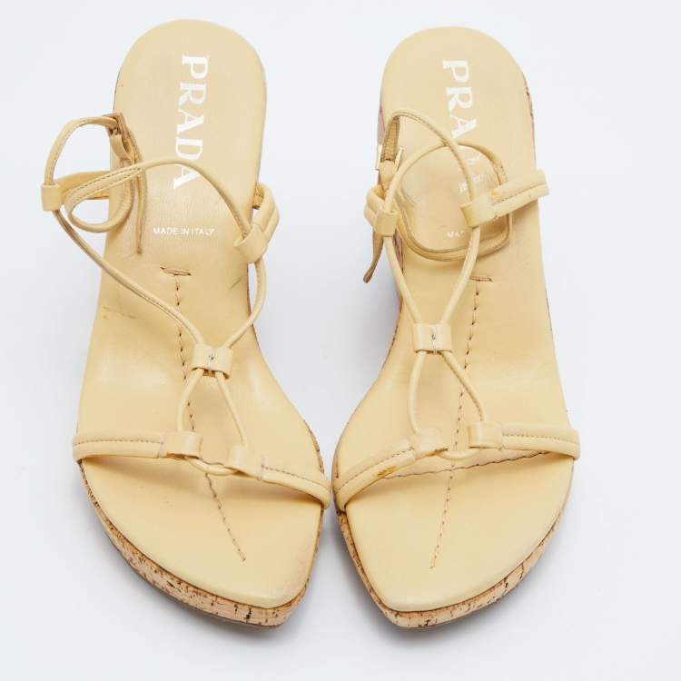 Pre Owned Prada Yellow Leather Ankle Strap Wedge Sandals Size 39