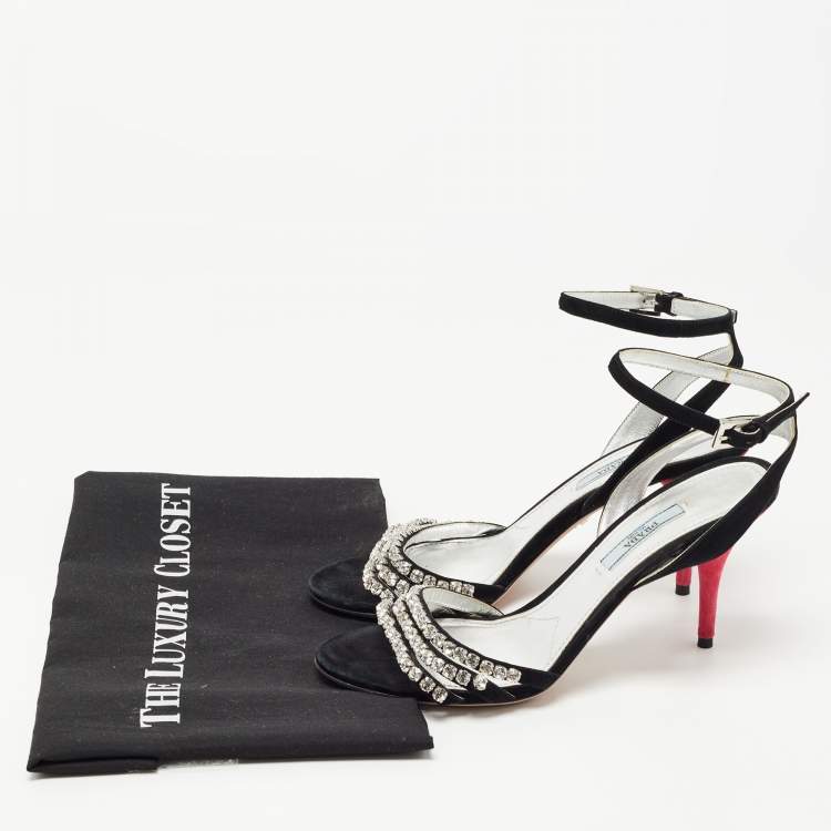 Pre Owned Prada Black/Silver Suede Crystal Embellished Ankle Strap Sandals Size 37