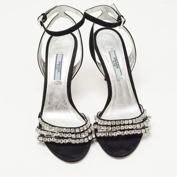 Pre Owned Prada Black/Silver Suede Crystal Embellished Ankle Strap Sandals Size 37