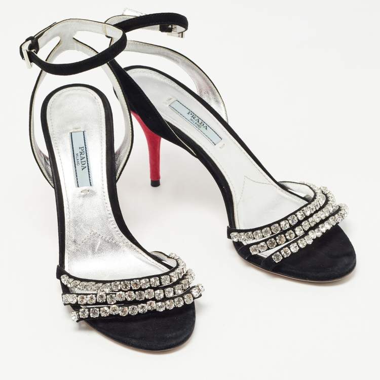 Pre Owned Prada Black/Silver Suede Crystal Embellished Ankle Strap Sandals Size 37