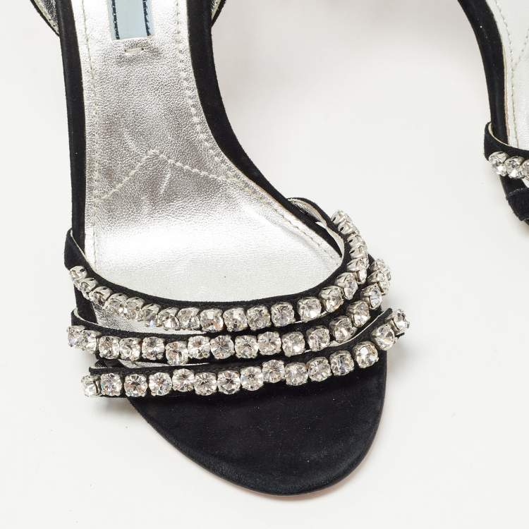 Pre Owned Prada Black/Silver Suede Crystal Embellished Ankle Strap Sandals Size 37