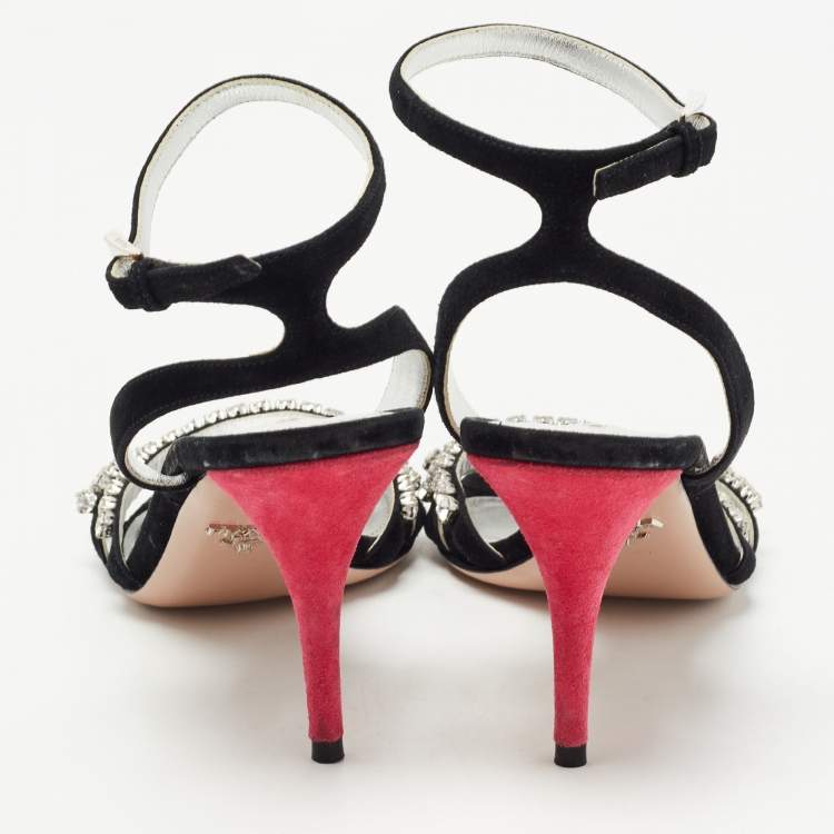 Pre Owned Prada Black/Silver Suede Crystal Embellished Ankle Strap Sandals Size 37