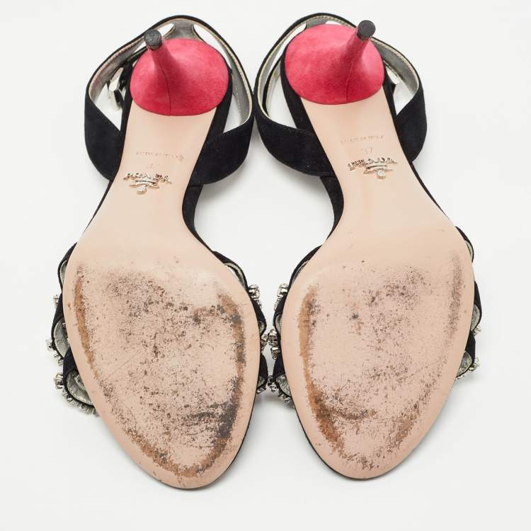 Pre Owned Prada Black/Silver Suede Crystal Embellished Ankle Strap Sandals Size 37