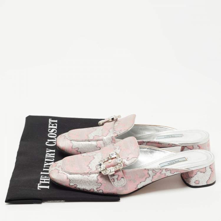 Pre Owned Prada Silver/Pink Lurux Fabric Crystal Embellished Mules Size 40.5