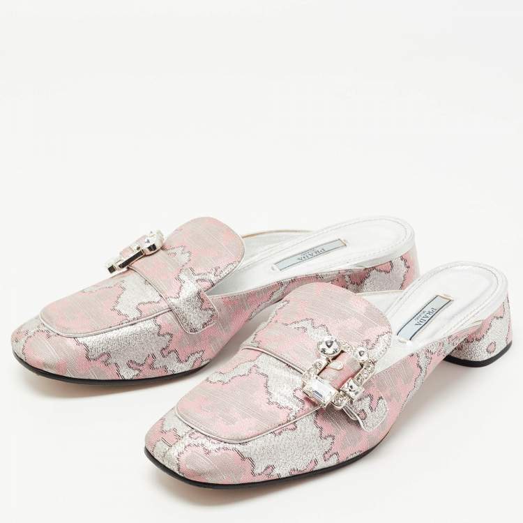 Pre Owned Prada Silver/Pink Lurux Fabric Crystal Embellished Mules Size 40.5