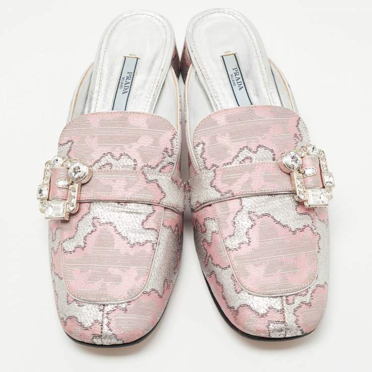 Pre Owned Prada Silver/Pink Lurux Fabric Crystal Embellished Mules Size 40.5