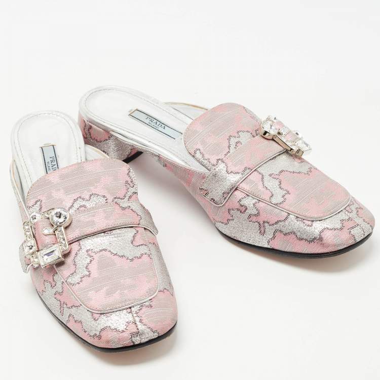 Pre Owned Prada Silver/Pink Lurux Fabric Crystal Embellished Mules Size 40.5