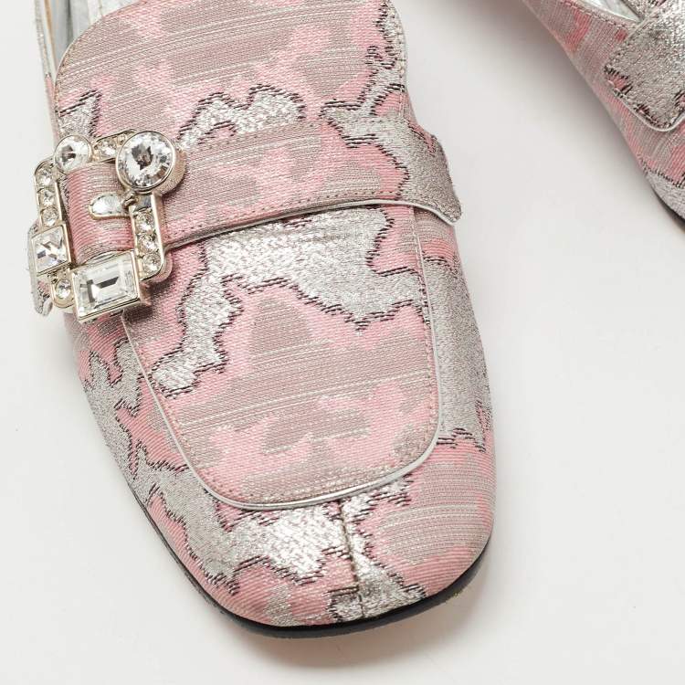 Pre Owned Prada Silver/Pink Lurux Fabric Crystal Embellished Mules Size 40.5