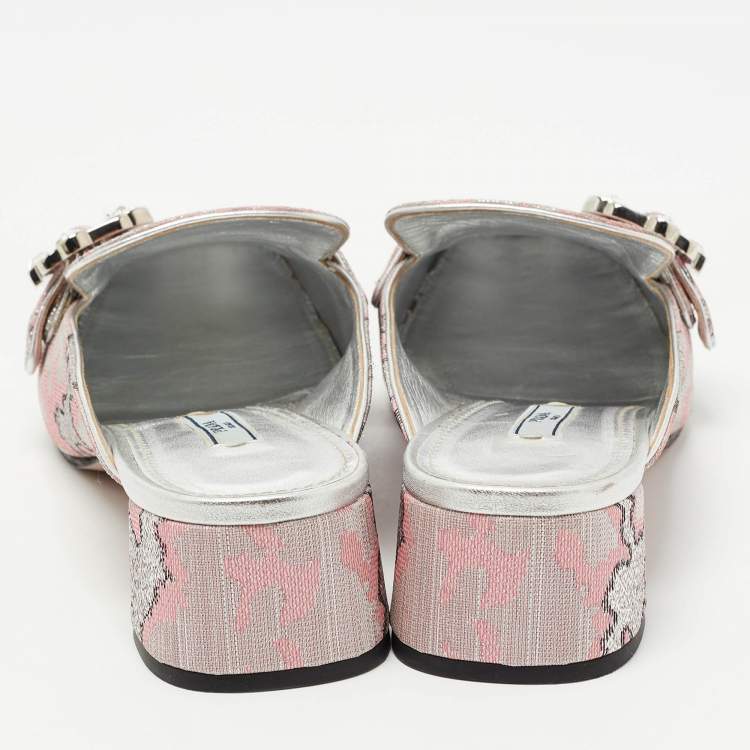 Pre Owned Prada Silver/Pink Lurux Fabric Crystal Embellished Mules Size 40.5