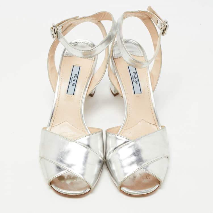 Pre Owned Prada Silver Leather Ankle Strap Block Sandals Size 38