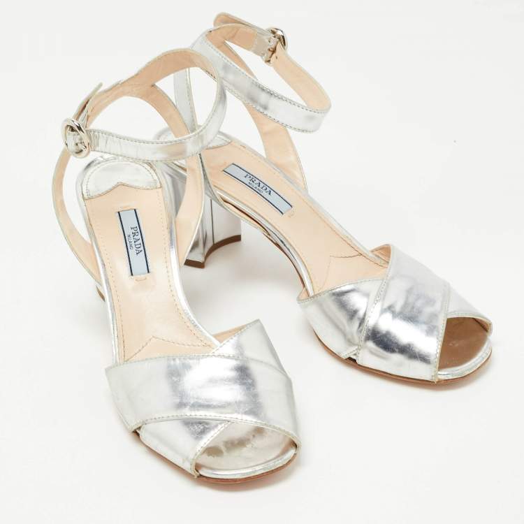 Pre Owned Prada Silver Leather Ankle Strap Block Sandals Size 38