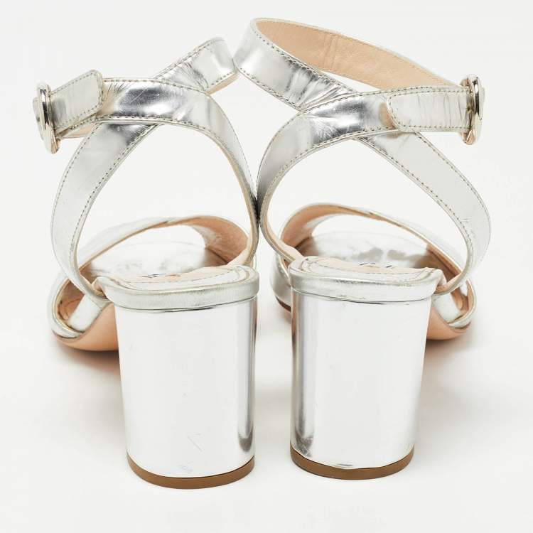 Pre Owned Prada Silver Leather Ankle Strap Block Sandals Size 38