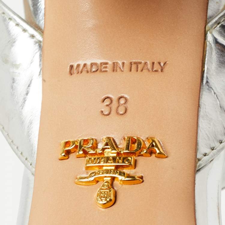 Pre Owned Prada Silver Leather Ankle Strap Block Sandals Size 38