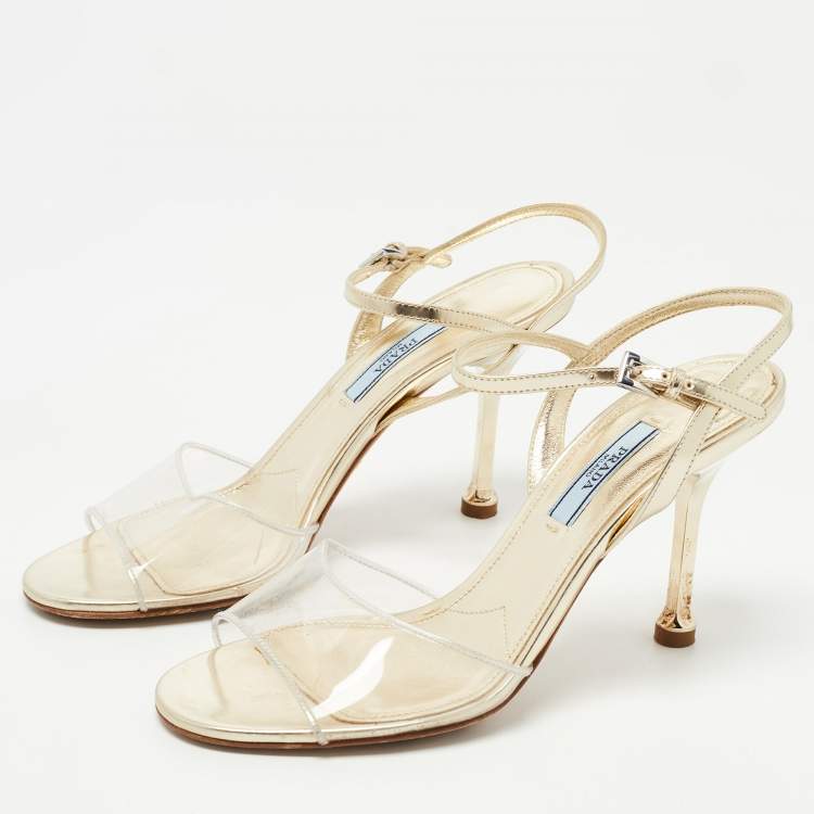 Pre Owned Prada Metallic Gold Leather and PVC Ankle Strap Sandals Size 37
