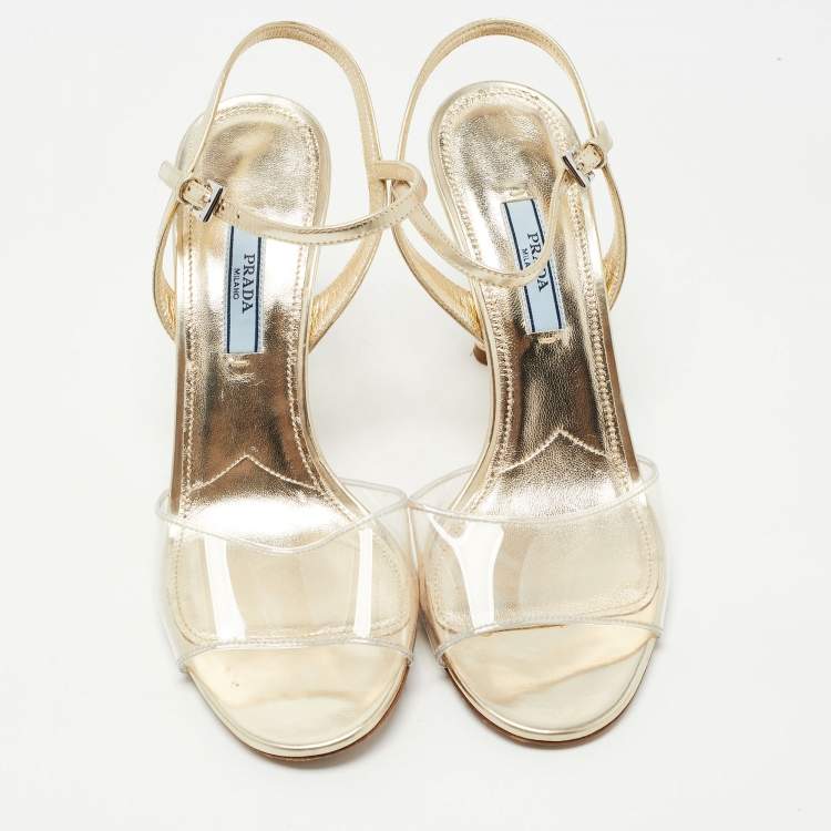 Pre Owned Prada Metallic Gold Leather and PVC Ankle Strap Sandals Size 37