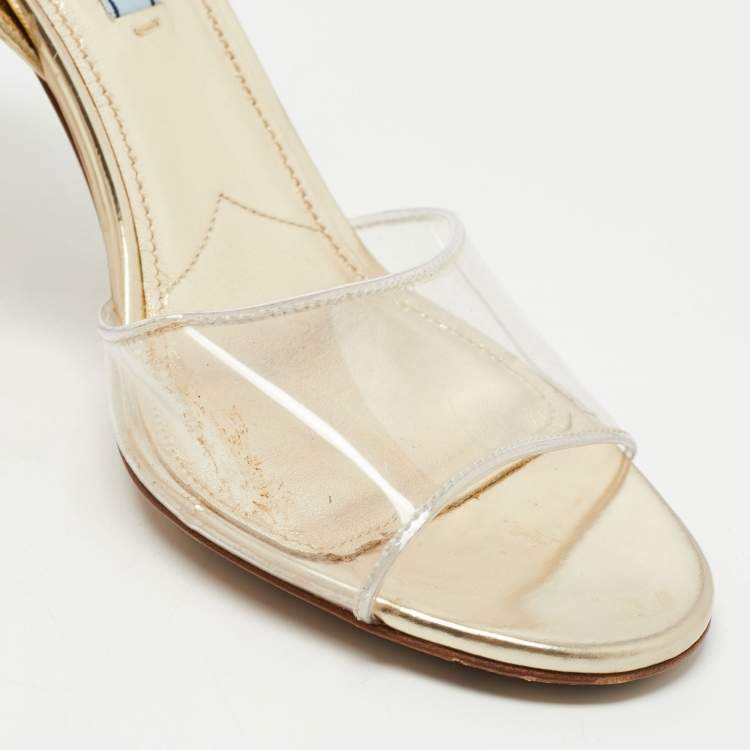 Pre Owned Prada Metallic Gold Leather and PVC Ankle Strap Sandals Size 37