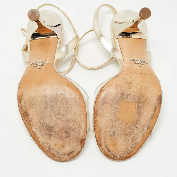 Pre Owned Prada Metallic Gold Leather and PVC Ankle Strap Sandals Size 37