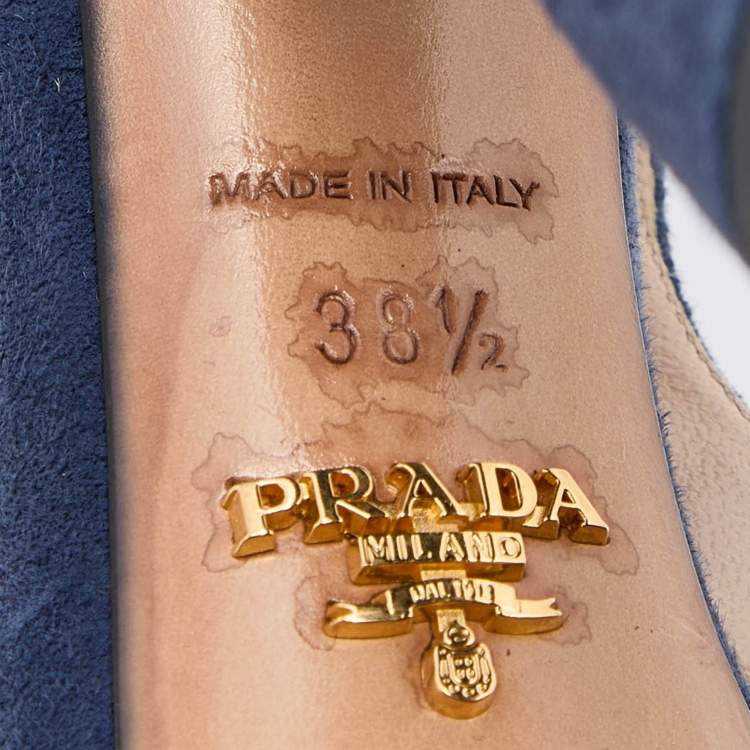 Pre Owned Prada Blue Suede Ankle Strap Block Heel Platform Sandals Size 38.5