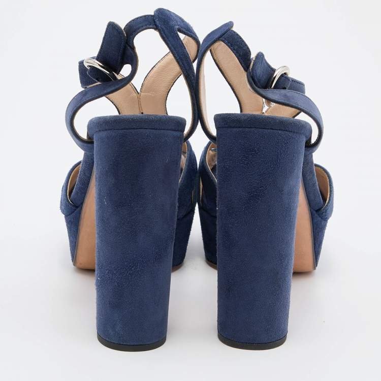 Pre Owned Prada Blue Suede Ankle Strap Block Heel Platform Sandals Size 38.5