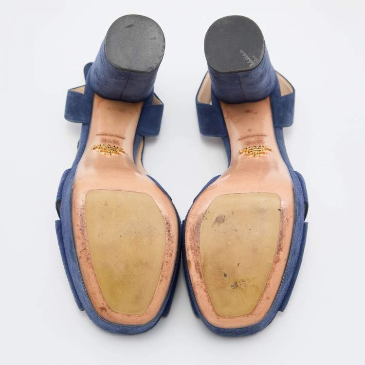 Pre Owned Prada Blue Suede Ankle Strap Block Heel Platform Sandals Size 38.5
