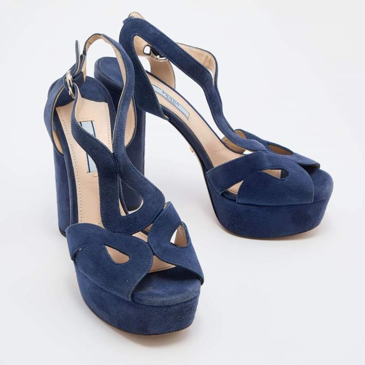 Pre Owned Prada Blue Suede Ankle Strap Block Heel Platform Sandals Size 38.5