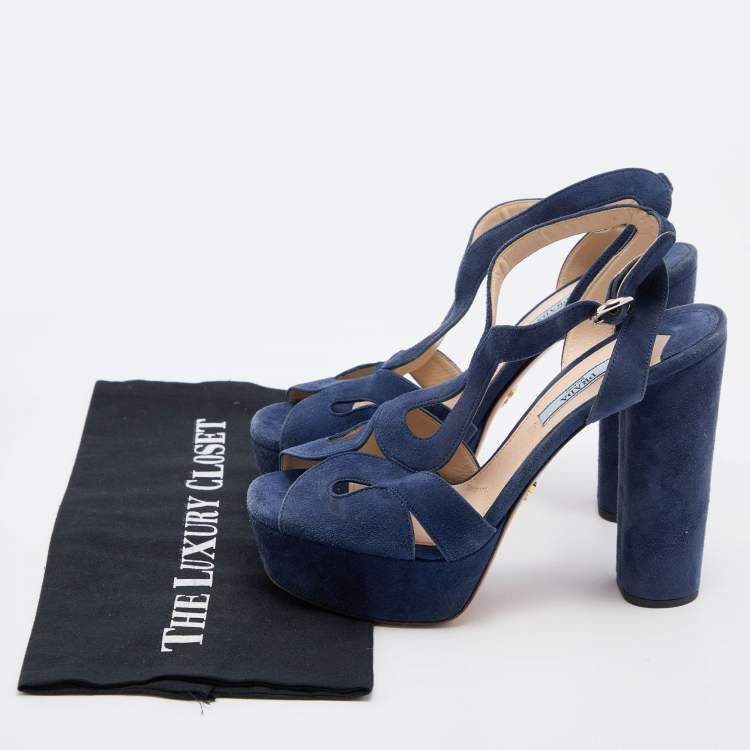 Pre Owned Prada Blue Suede Ankle Strap Block Heel Platform Sandals Size 38.5