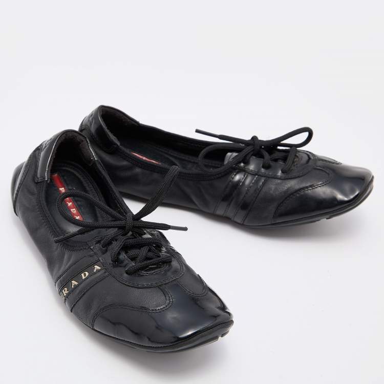 Pre Owned Prada Sport Black Patent Leather Lace-up Scrunch Flats Size 35
