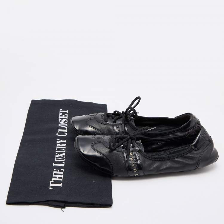 Pre Owned Prada Sport Black Patent Leather Lace-up Scrunch Flats Size 35