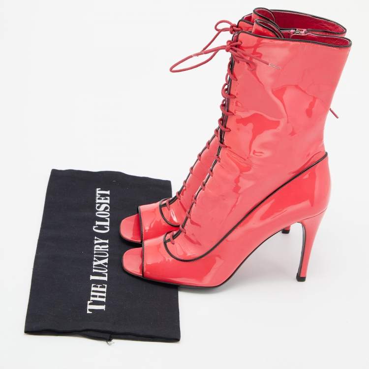Pre Owned Prada Neon Pink Patent Leather Lace Up Peep Toe Ankle Booties Size 37.5