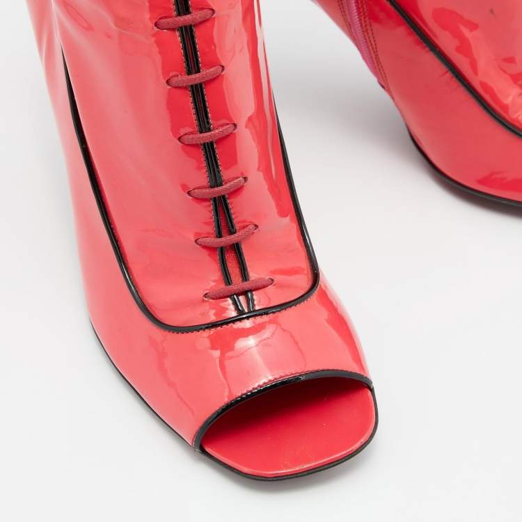 Pre Owned Prada Neon Pink Patent Leather Lace Up Peep Toe Ankle Booties Size 37.5