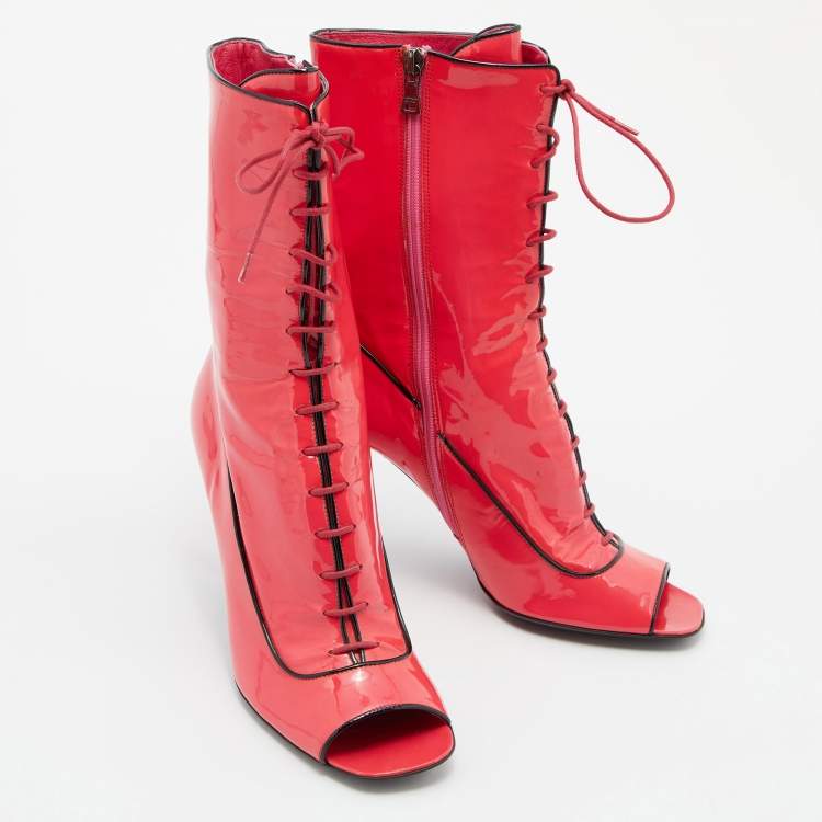 Pre Owned Prada Neon Pink Patent Leather Lace Up Peep Toe Ankle Booties Size 37.5