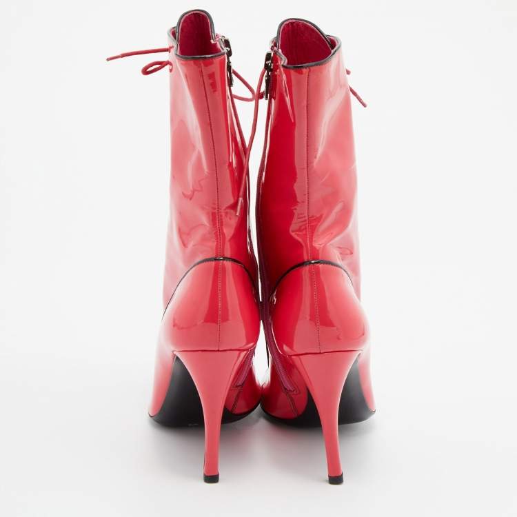 Pre Owned Prada Neon Pink Patent Leather Lace Up Peep Toe Ankle Booties Size 37.5
