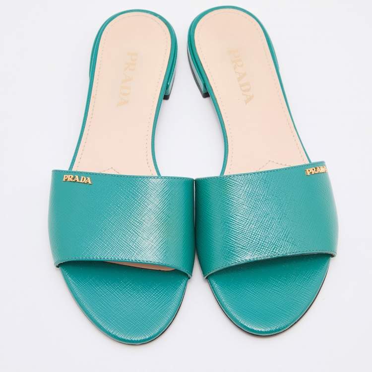 Pre Owned Prada Green Vernice Saffiano Leather Flat Slides Size 37.5