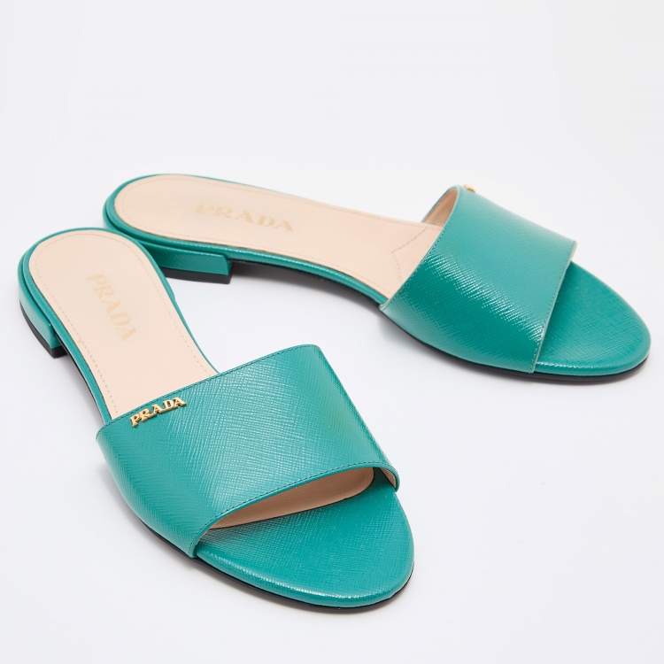 Pre Owned Prada Green Vernice Saffiano Leather Flat Slides Size 37.5